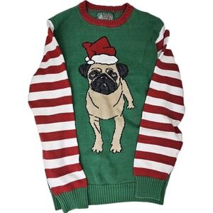 Ugly Christmas Sweater Pug‎ Santa Hat Green Candy Cane Sleeve XL
